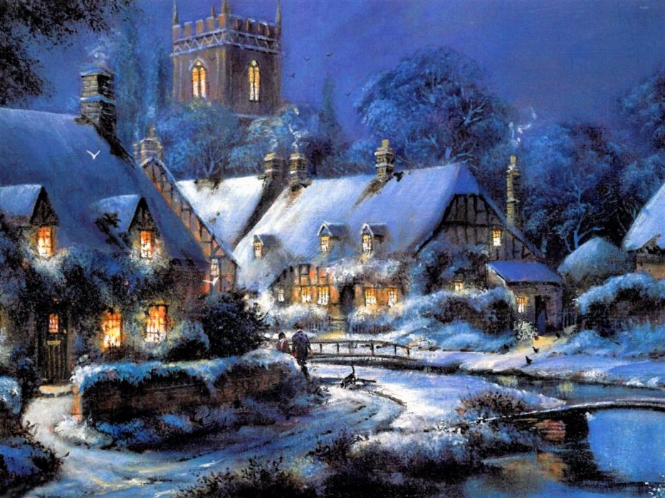 Artistic Church House Painting Snow Village Winter - Old Traditional Christmas Cards , HD Wallpaper & Backgrounds