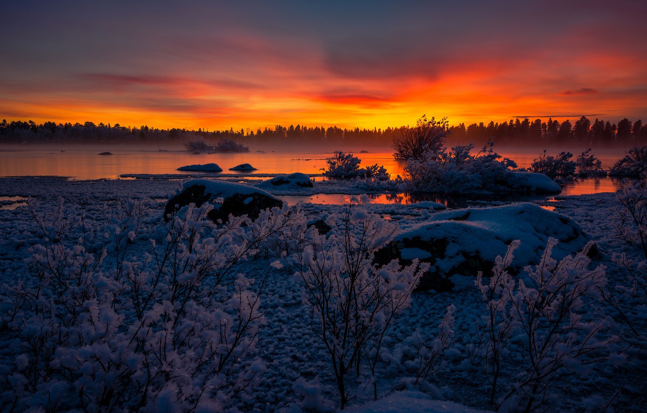 Photo Wallpaper Winter, Sunset, River, Sweden, Sweden, - Little Pond Boardwalk Trail , HD Wallpaper & Backgrounds