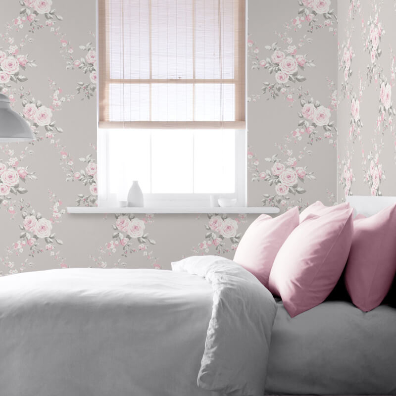 Catherine Lansfield Canterbury Floral Grey/pink Wallpaper - Bedroom Pink And Grey , HD Wallpaper & Backgrounds