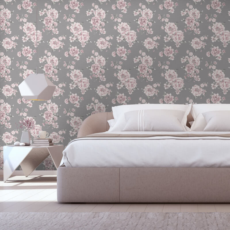 Holden Decor Peony Floral Pink/dark Grey Wallpaper - Bedroom Grey And Yellow , HD Wallpaper & Backgrounds