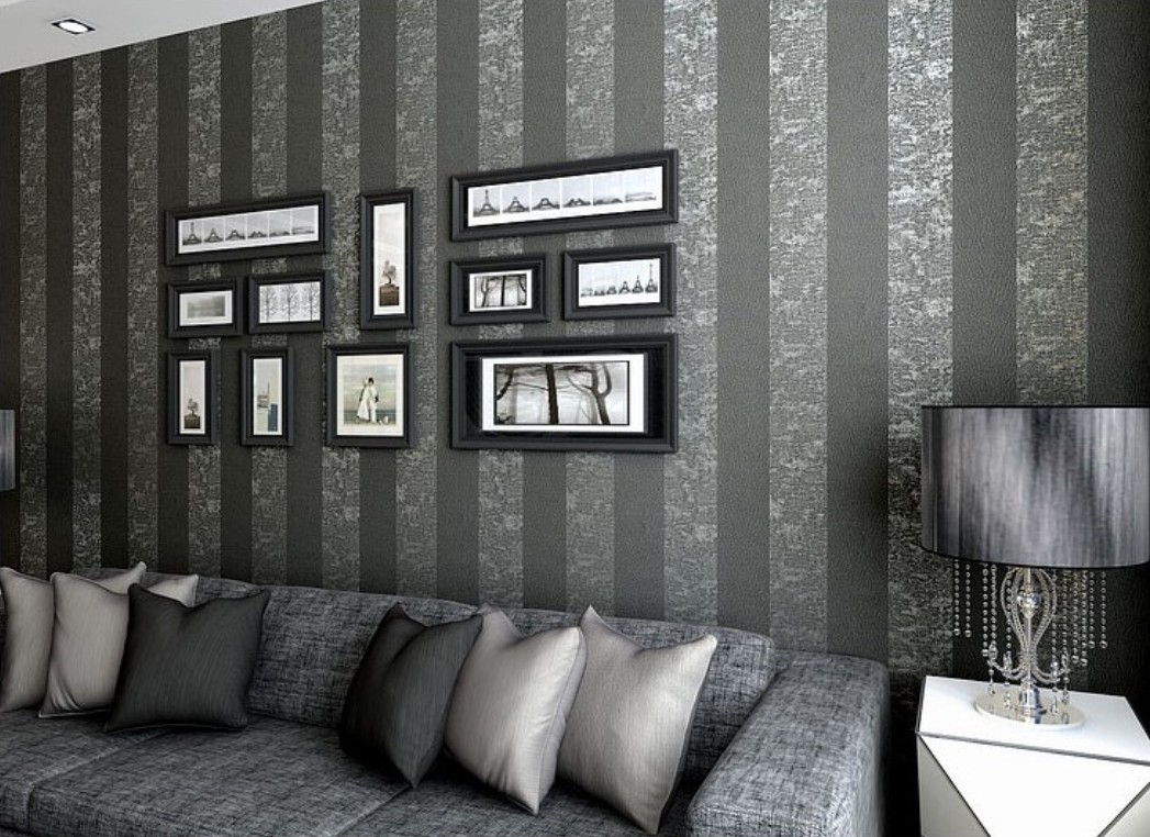 Gray Vertical Stripe Wallpaper For Elegant Living Room - Grey Wallpaper Living Room , HD Wallpaper & Backgrounds