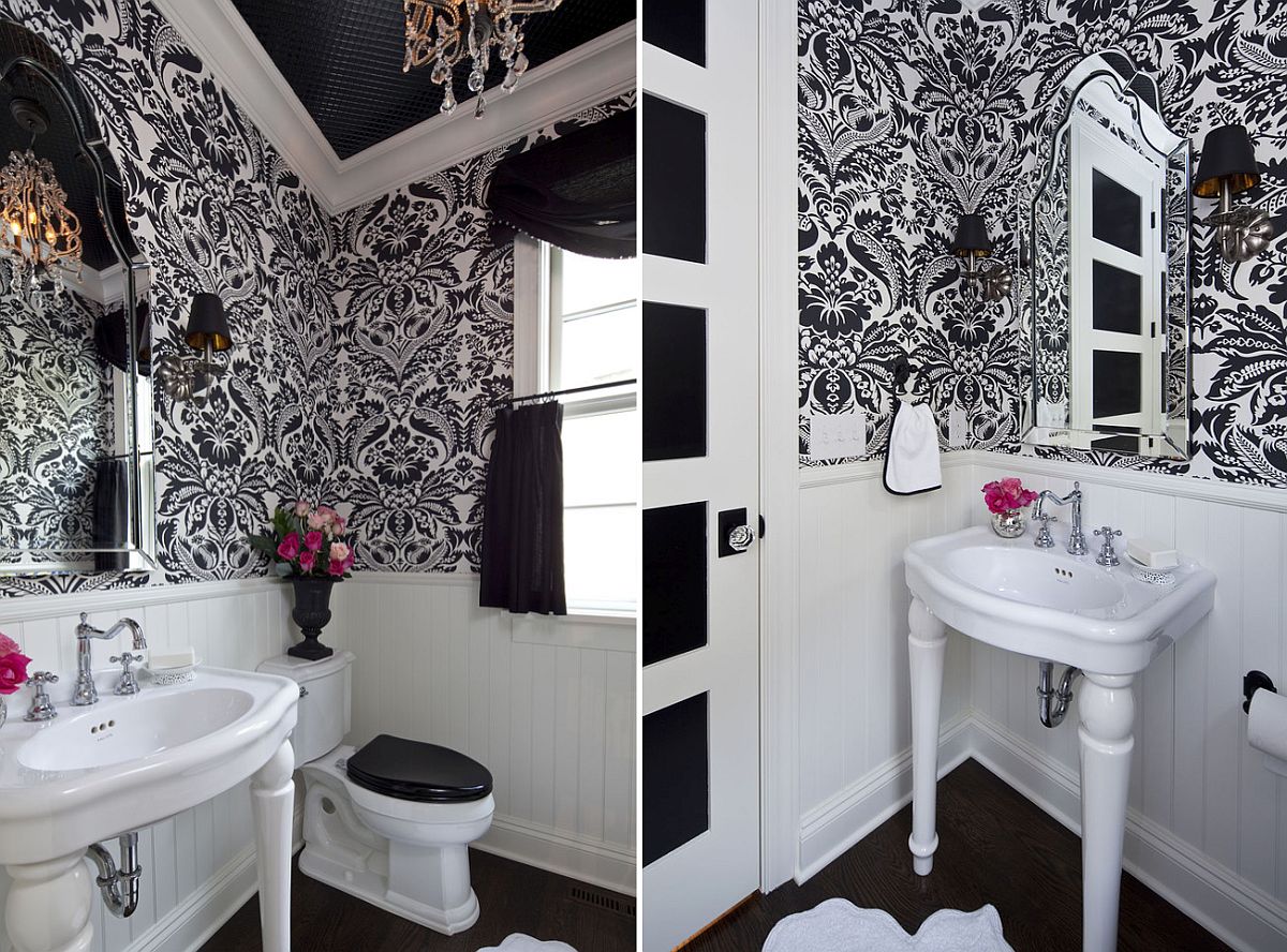 Traditional Powder Room In Black And White With A Lovely - Black And White Wallpaper For Small Bathroom , HD Wallpaper & Backgrounds