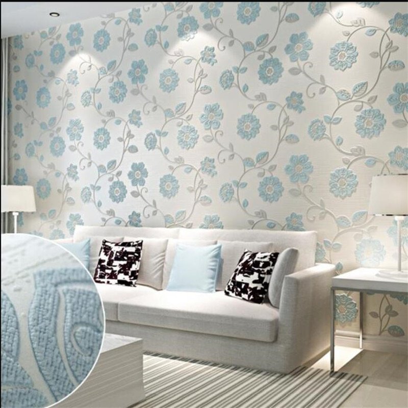 Quarto Com Papel De Parede Flores Azul , HD Wallpaper & Backgrounds