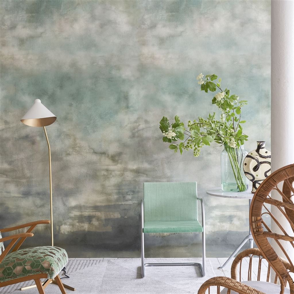 Designers Guild Mural Suisai Celadon - Gray And Celadon Green Living Room , HD Wallpaper & Backgrounds