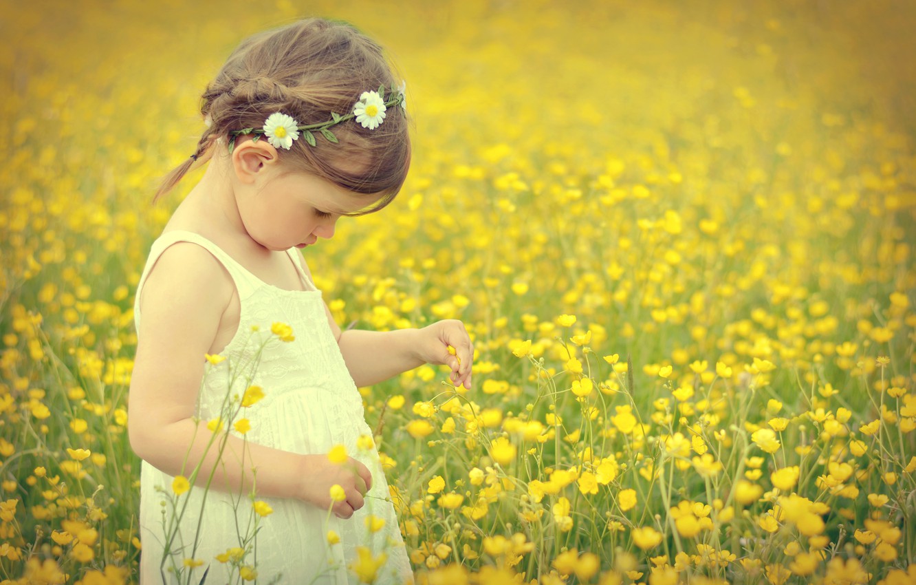 Photo Wallpaper Field, Flowers, Child, Girl, Field, - Child In Field Of Flowers , HD Wallpaper & Backgrounds