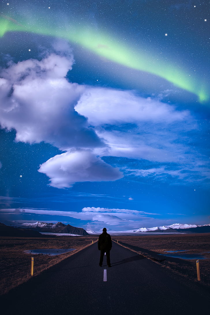 Man Standing On Middle Of The Road Facing At The Back, - Aurora , HD Wallpaper & Backgrounds