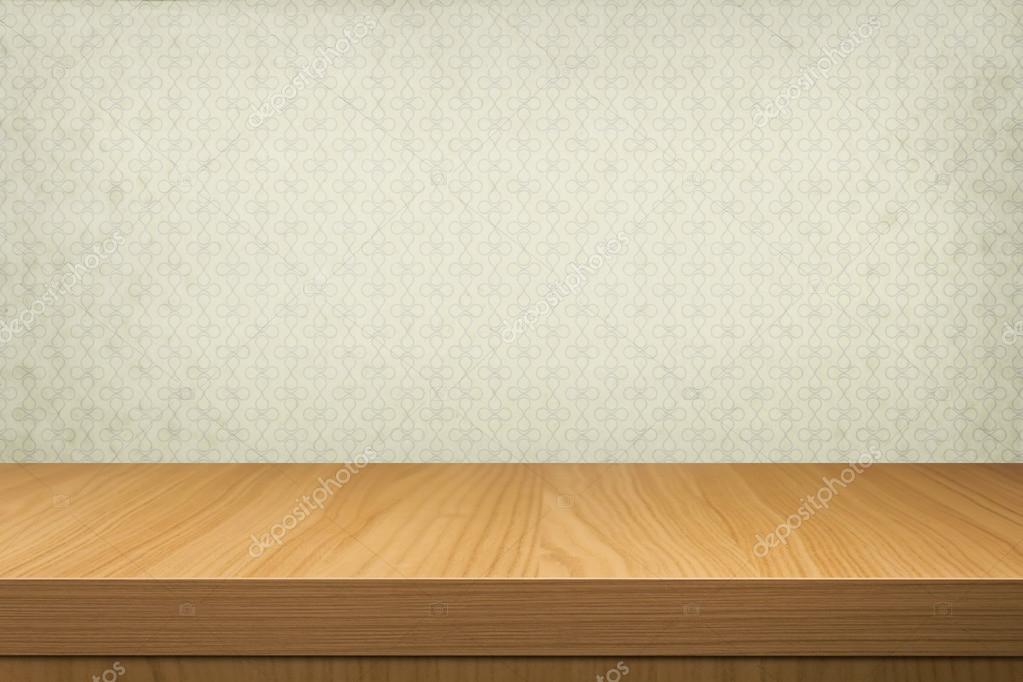 Empty Wooden Table Over Retro Wallpaper Stock Photo - Wood Table , HD Wallpaper & Backgrounds