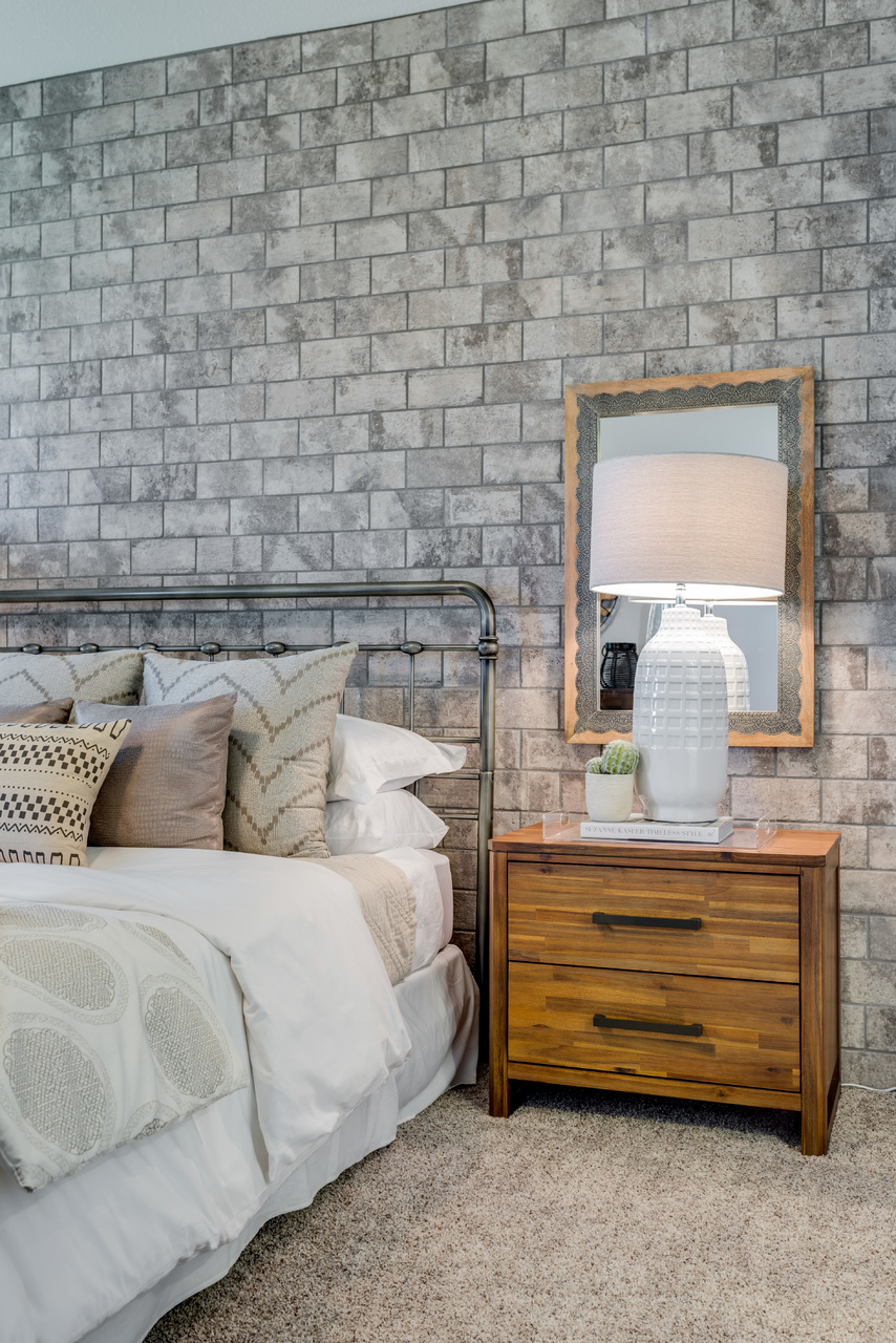 Master Bedroom With Tiled Brick Walls, Wood Accent - Master Bedroom Tile Wall , HD Wallpaper & Backgrounds
