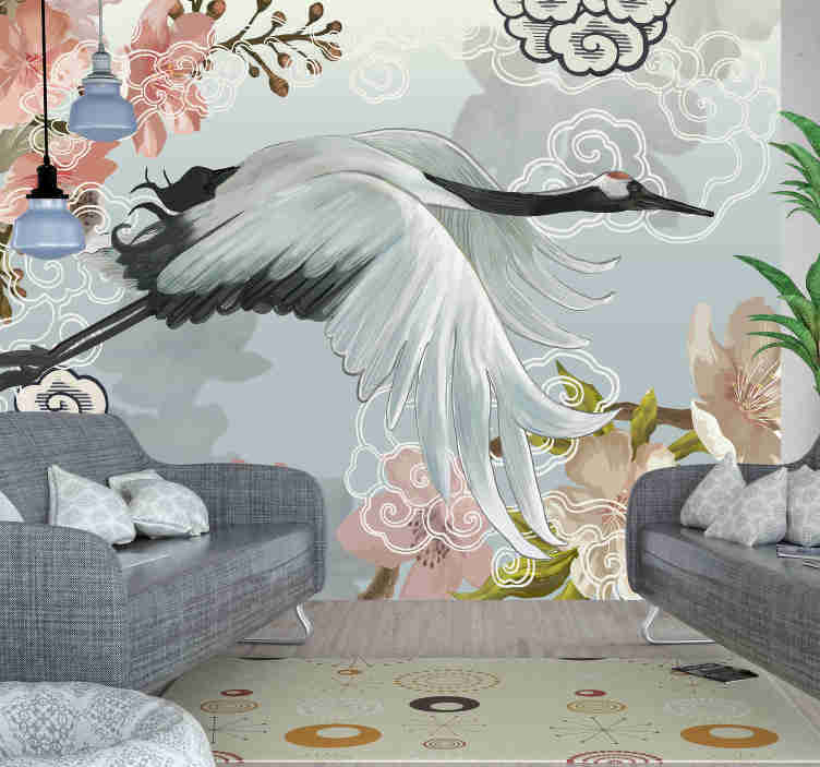 Blossom Crane Mural Wallpaper - Traditional Japanese Style Art , HD Wallpaper & Backgrounds