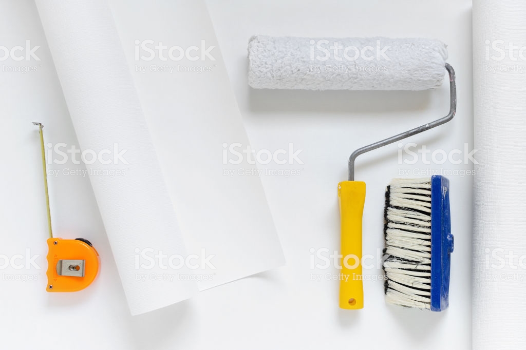 White Wallpaper Roll With Paint Roller, Brush, Tape - Paint Roller , HD Wallpaper & Backgrounds
