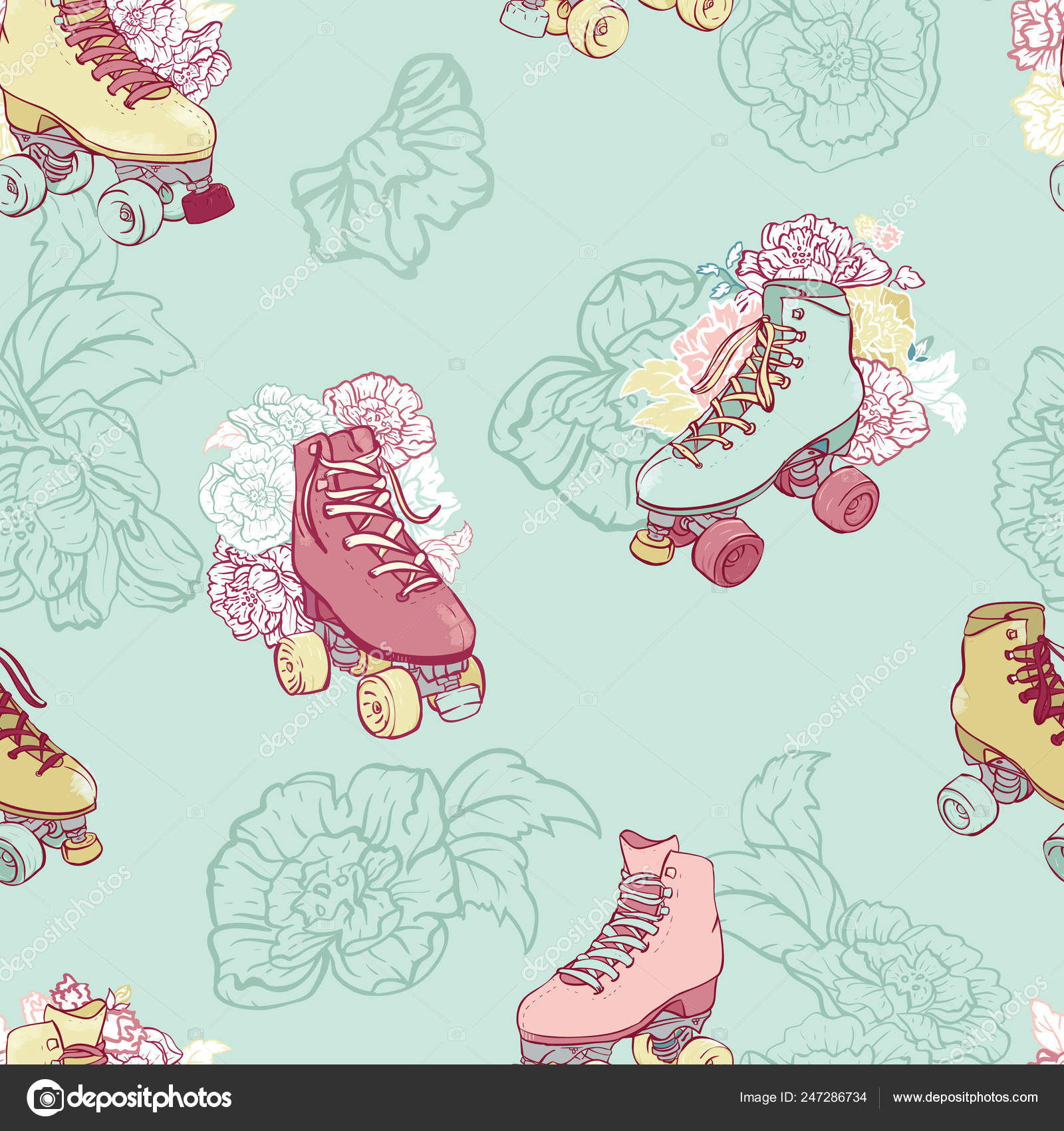 Roller Skates Roses Pastels Vector Seamless Pattern - Roller Skate , HD Wallpaper & Backgrounds