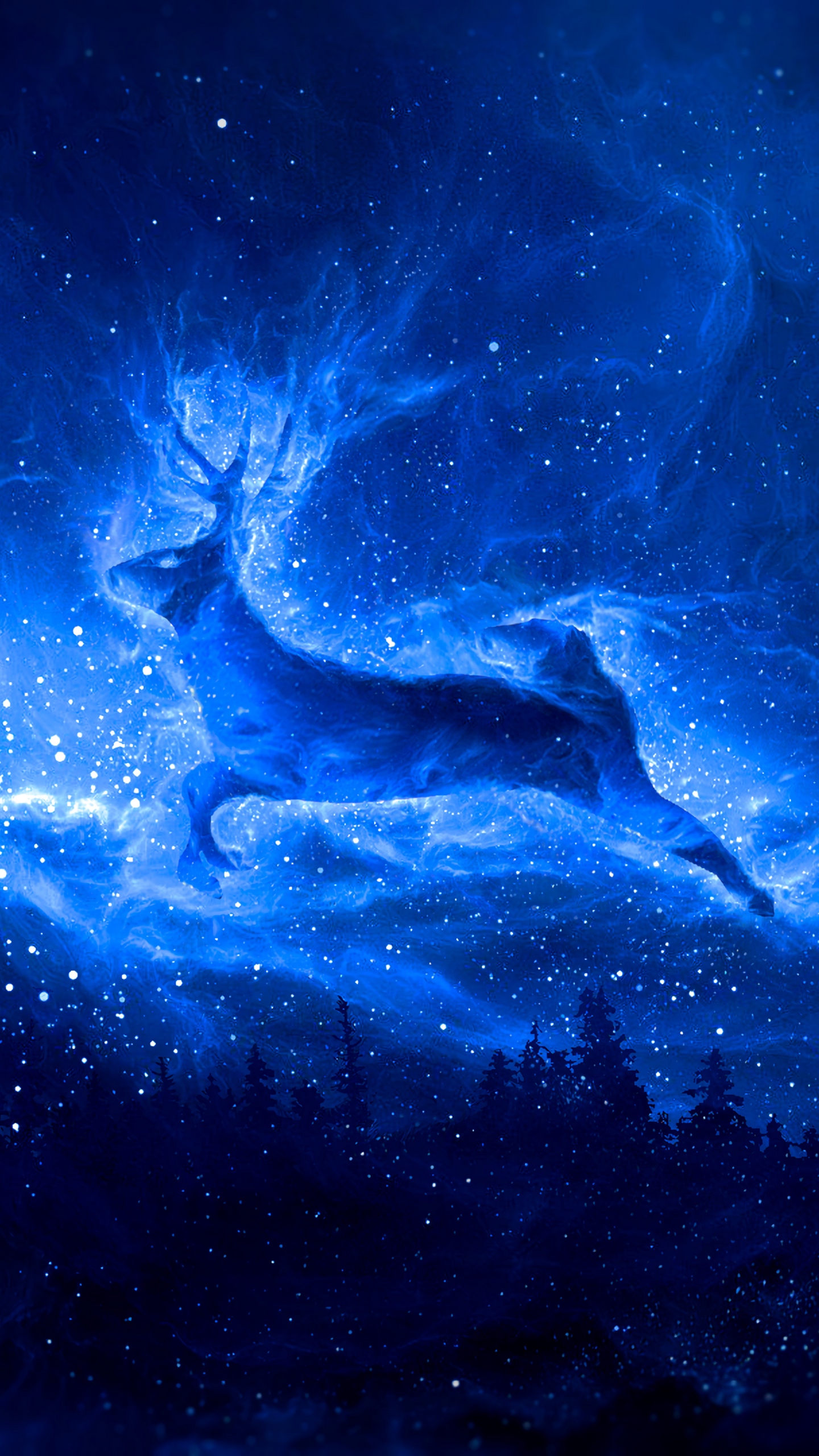 Wallpaper Deer, Silhouette, Starry Sky, Art, Fantasy - Blue Fantasy Background 4k , HD Wallpaper & Backgrounds