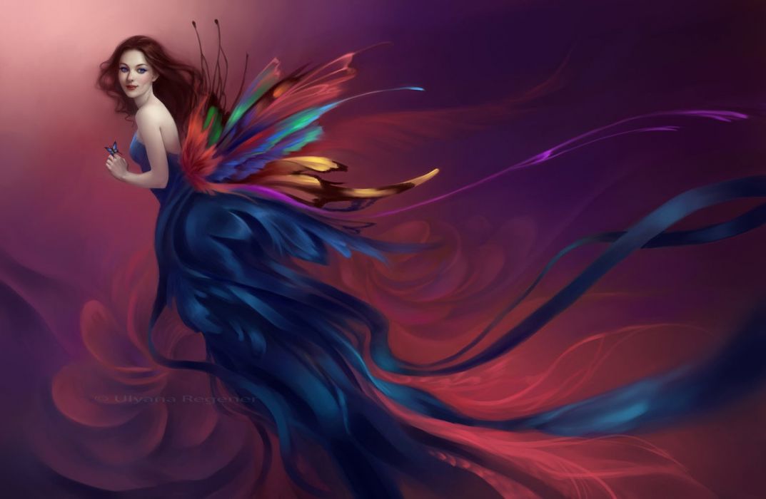 Girl Painting Fantasy Wings Color Dress Butterfly Smile - Girl With Wings Painting , HD Wallpaper & Backgrounds
