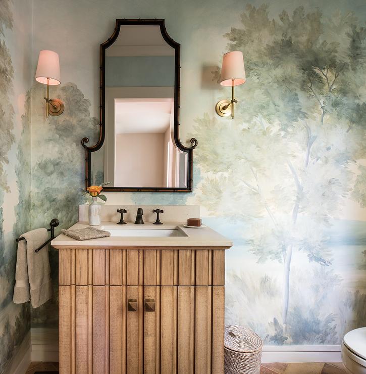 Powder Room With Hand Painted Wallpaper - Pretty Powder Rooms , HD Wallpaper & Backgrounds