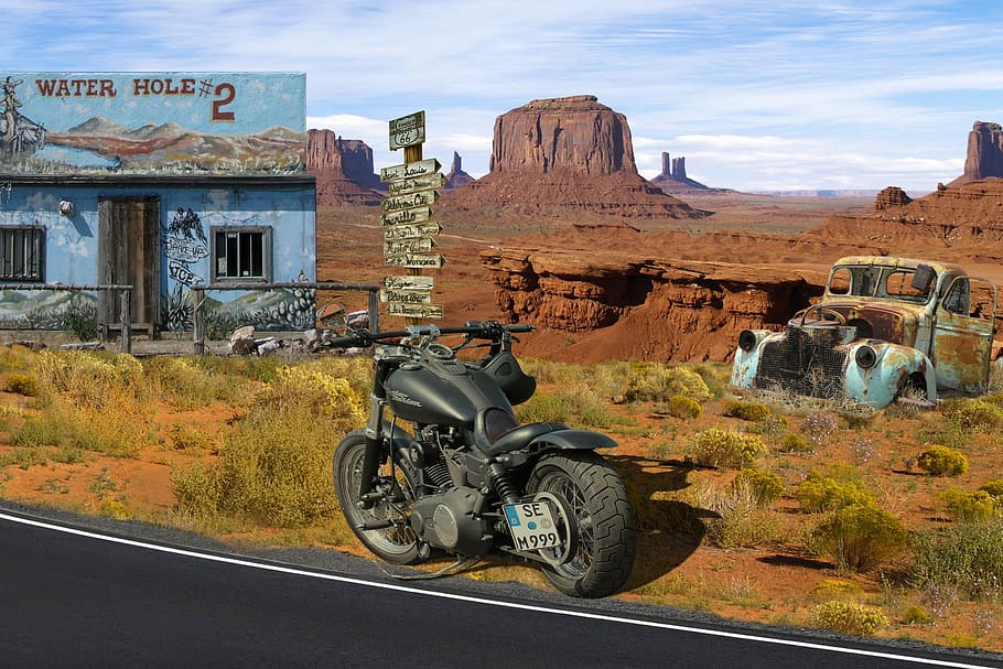 Black Motorcycle Beside Road, Harley, Route 66, No - Motorcycle Route 66 , HD Wallpaper & Backgrounds