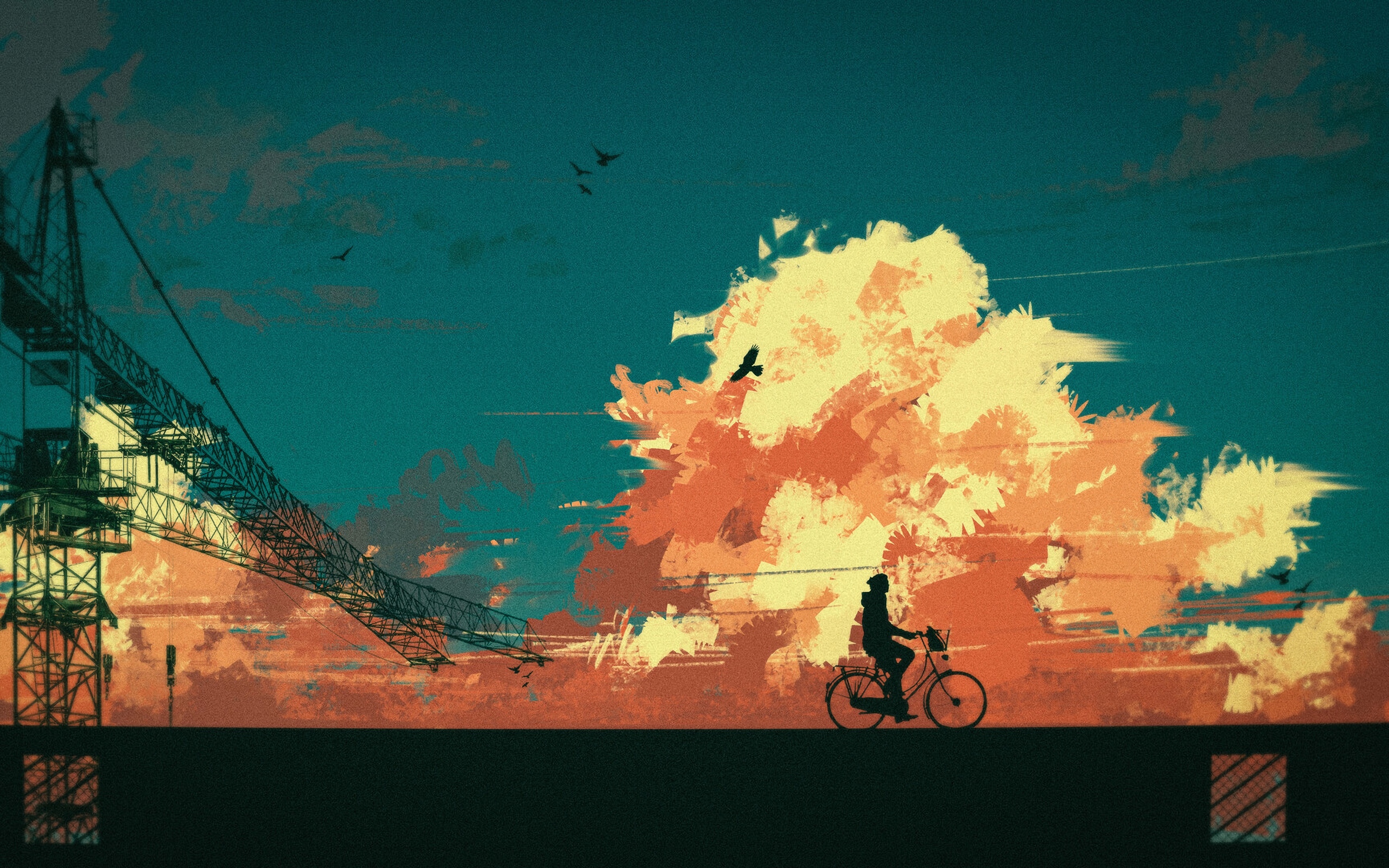 Wallpaper Cyclist, Silhouette, Bicycle, Clouds, Art - Art , HD Wallpaper & Backgrounds