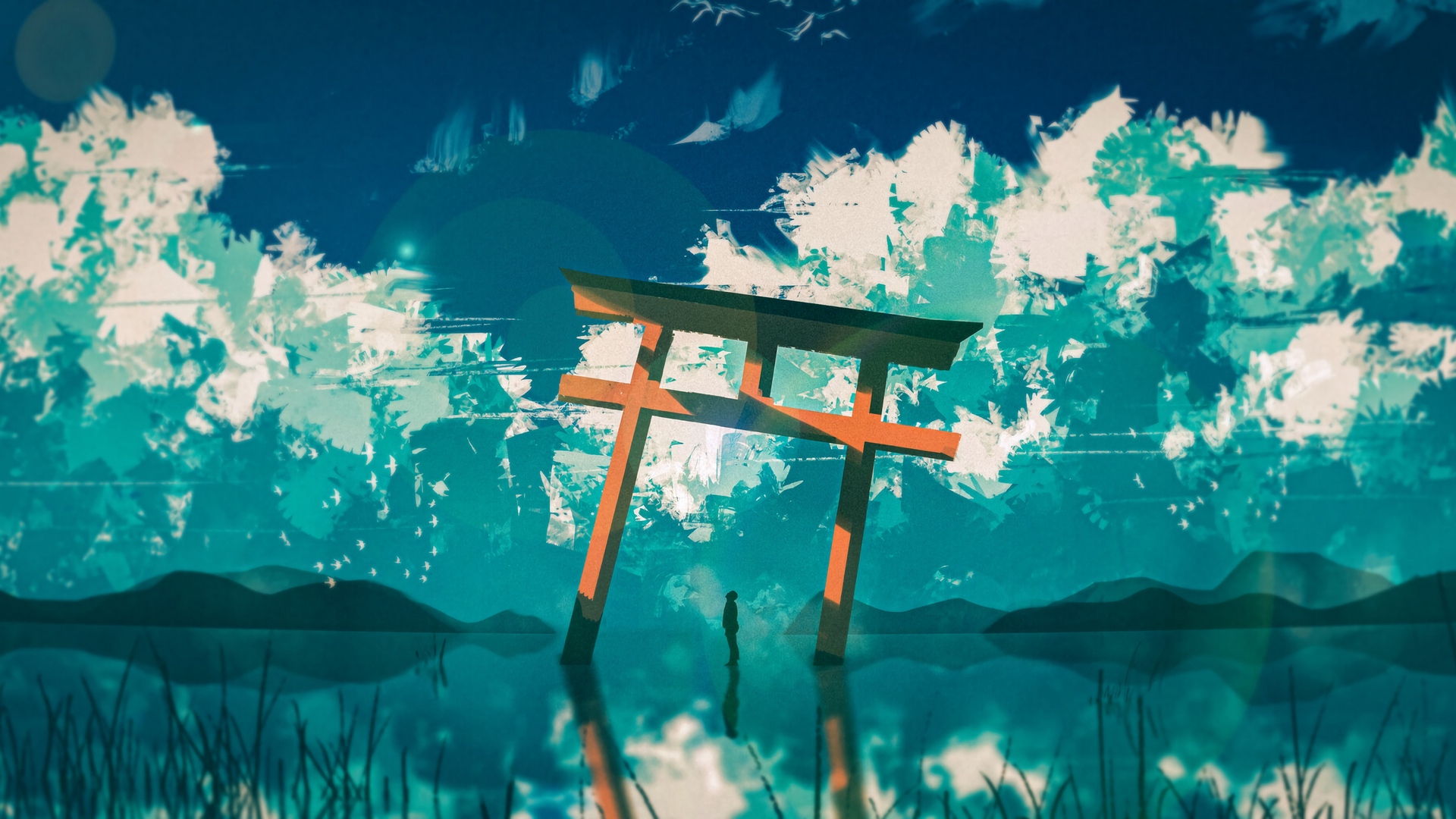 Wallpaper Silhouette, Arch, Clouds, Water, Reflection, - Japanese Art Wallpaper 16 9 , HD Wallpaper & Backgrounds