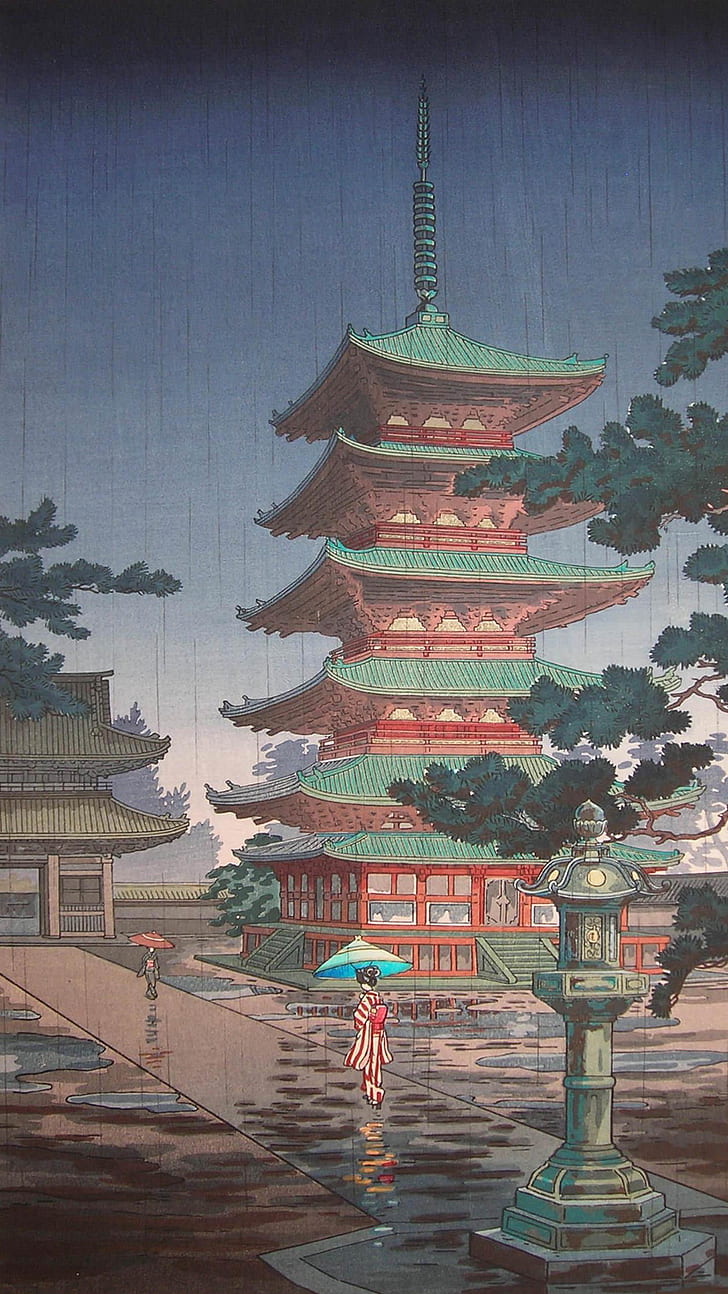 Japanese Art, Painting, Temple, Trees, Hd Wallpaper - Horyuji Temple Nara Japan , HD Wallpaper & Backgrounds