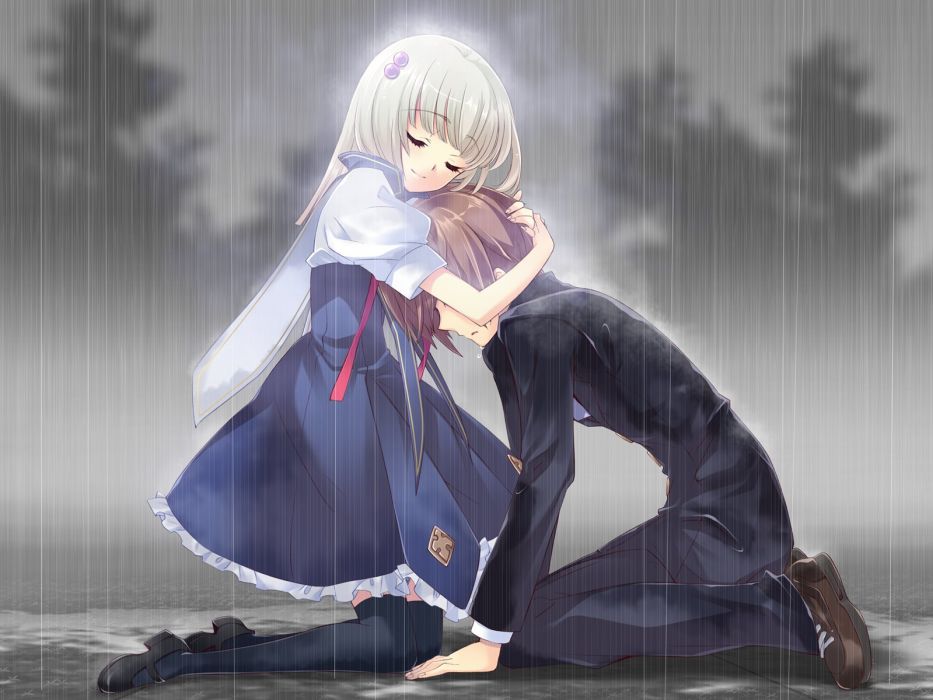 Anime Couple Girl Boy Cute Long Hair Love Beauty Rain - Couple Anime In Rain , HD Wallpaper & Backgrounds