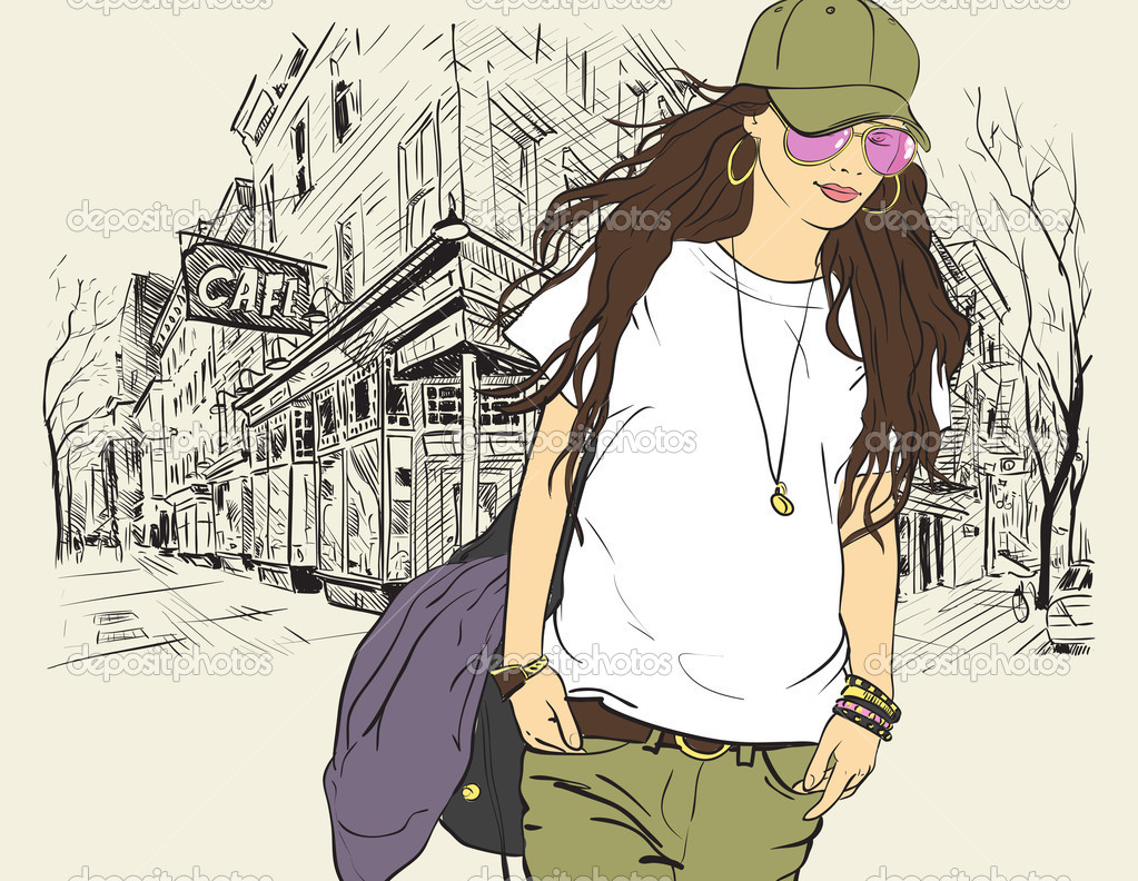 Fashion Girl In Sketch Style On A Street Cafe Background - Sketch Wallpaper For Girls , HD Wallpaper & Backgrounds