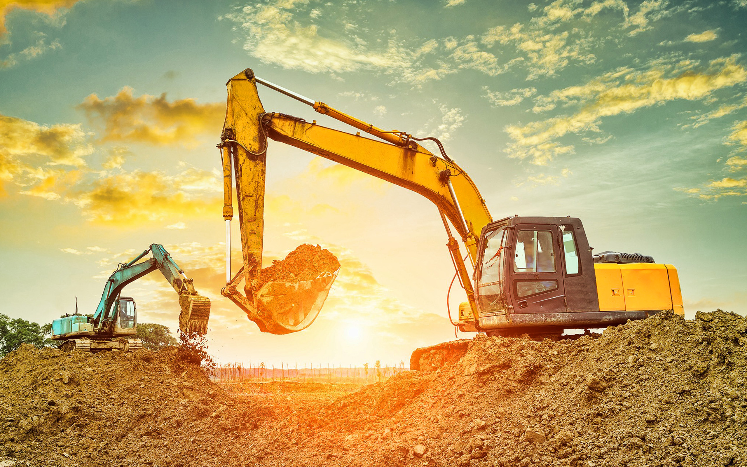 Excavators, Evening, Sunset, Construction Equipment, - Excavator Background , HD Wallpaper & Backgrounds