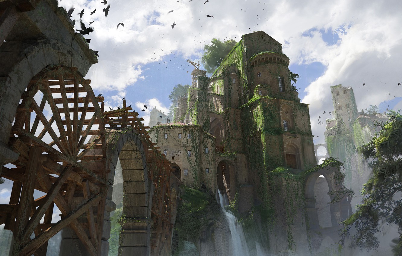 Photo Wallpaper Birds, Castle, Waterfall, Construction, - Abandoned City , HD Wallpaper & Backgrounds