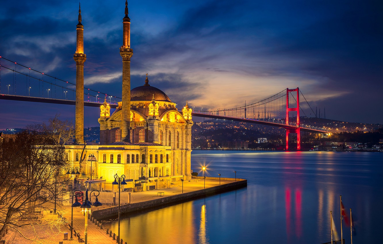 Photo Wallpaper Night, Bridge, Lights, Strait, Mosque, - Ortaköy Mosque , HD Wallpaper & Backgrounds