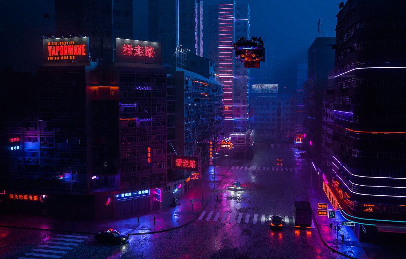 Photo Wallpaper Night, The City, Street, Style, Machine, - Cyberpunk Vaporwave City Background , HD Wallpaper & Backgrounds
