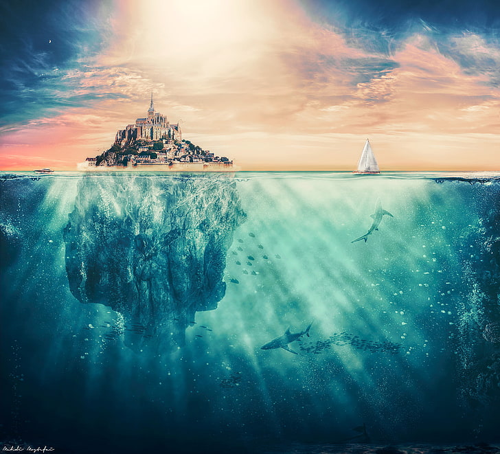 Sharks, Boat, Underwater, Surreal, Hd Wallpaper - Surreal Wallpaper 4k , HD Wallpaper & Backgrounds