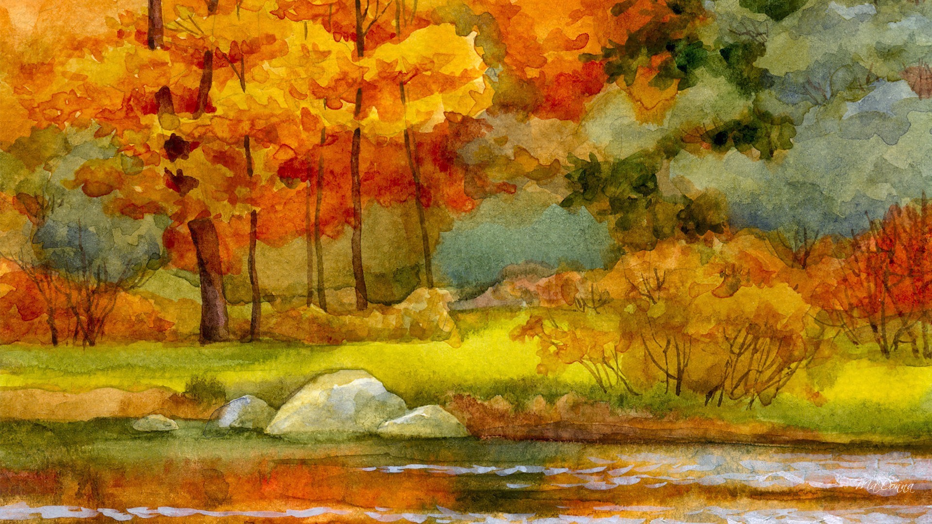 Autumn River Watercolor Wallpaper - Watercolor Autumn Desktop Background , HD Wallpaper & Backgrounds