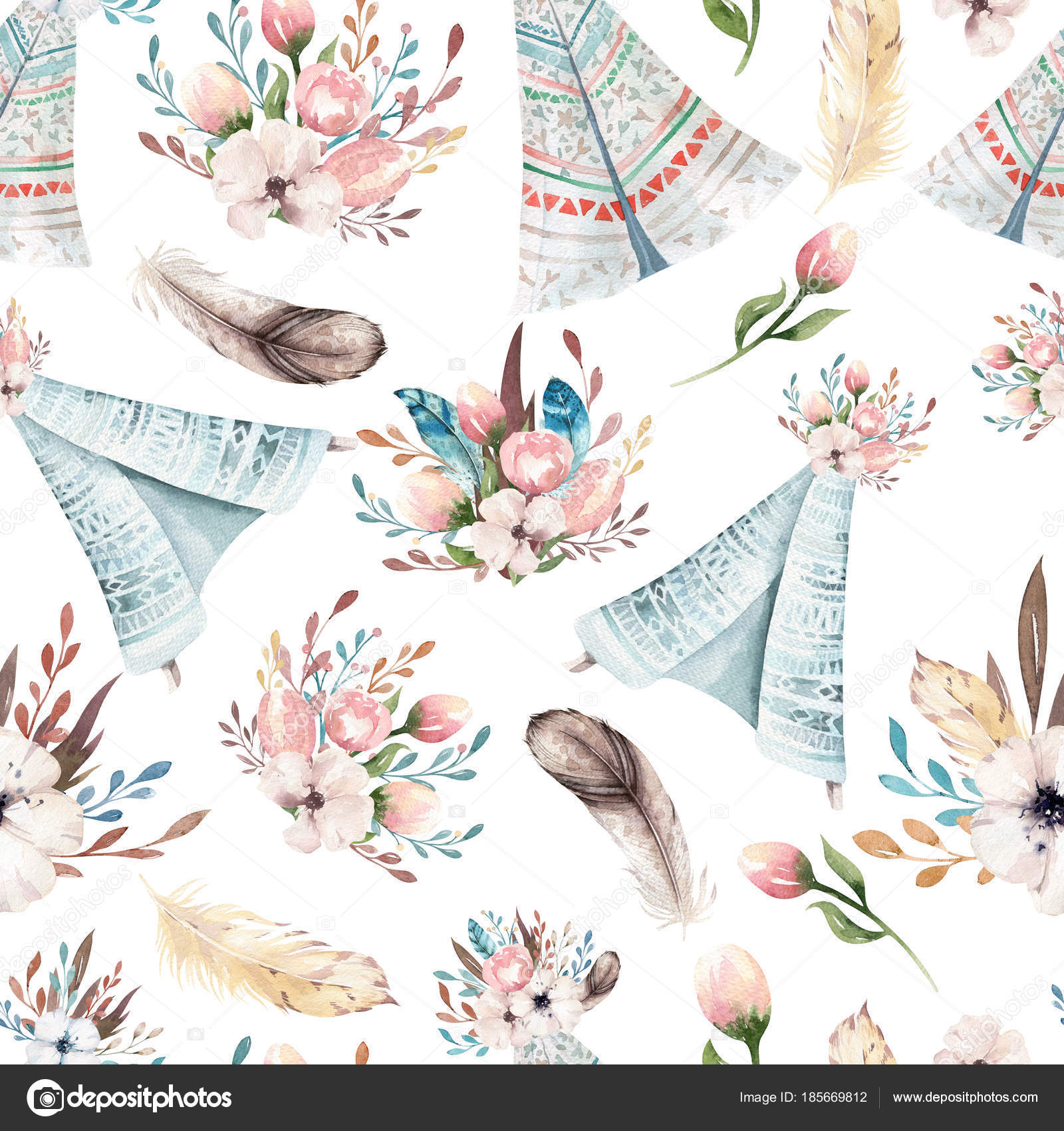Seamless Boho Watercolor Wallpaper With Blossom Flowers - Bohemian Boho , HD Wallpaper & Backgrounds
