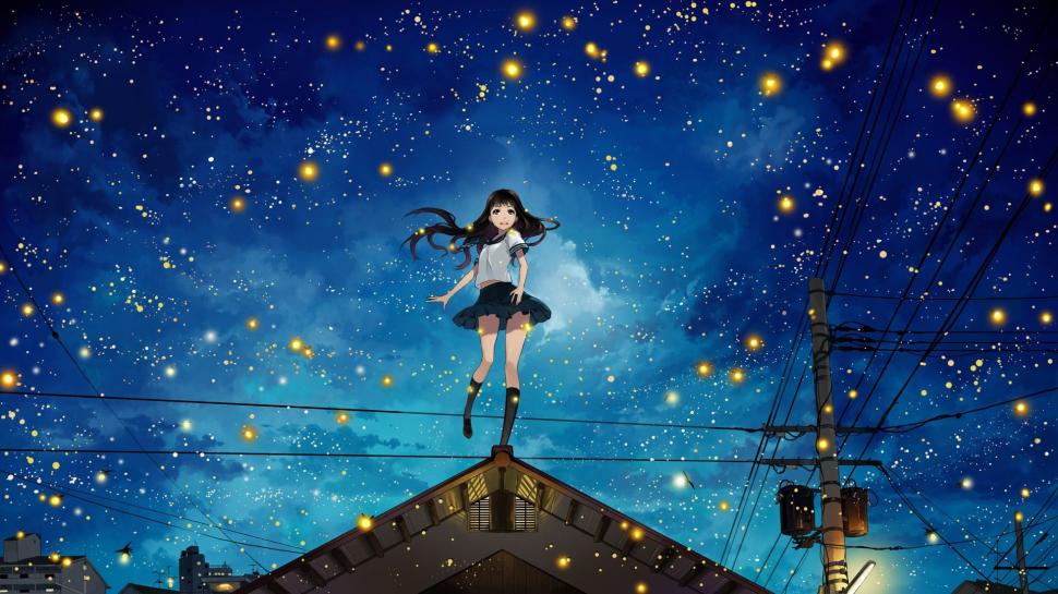 Anime Girls At Night Sky Hd Wallpaper - Anime Night Sky , HD Wallpaper & Backgrounds