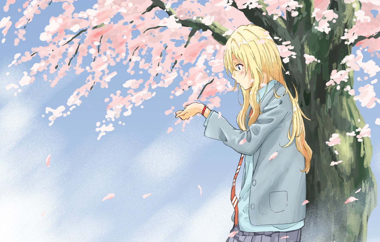 Photo Wallpaper Schoolgirl, Long Hair, Blue Sky, Shigatsu - Cherry Blossom Your Lie In April Anime , HD Wallpaper & Backgrounds