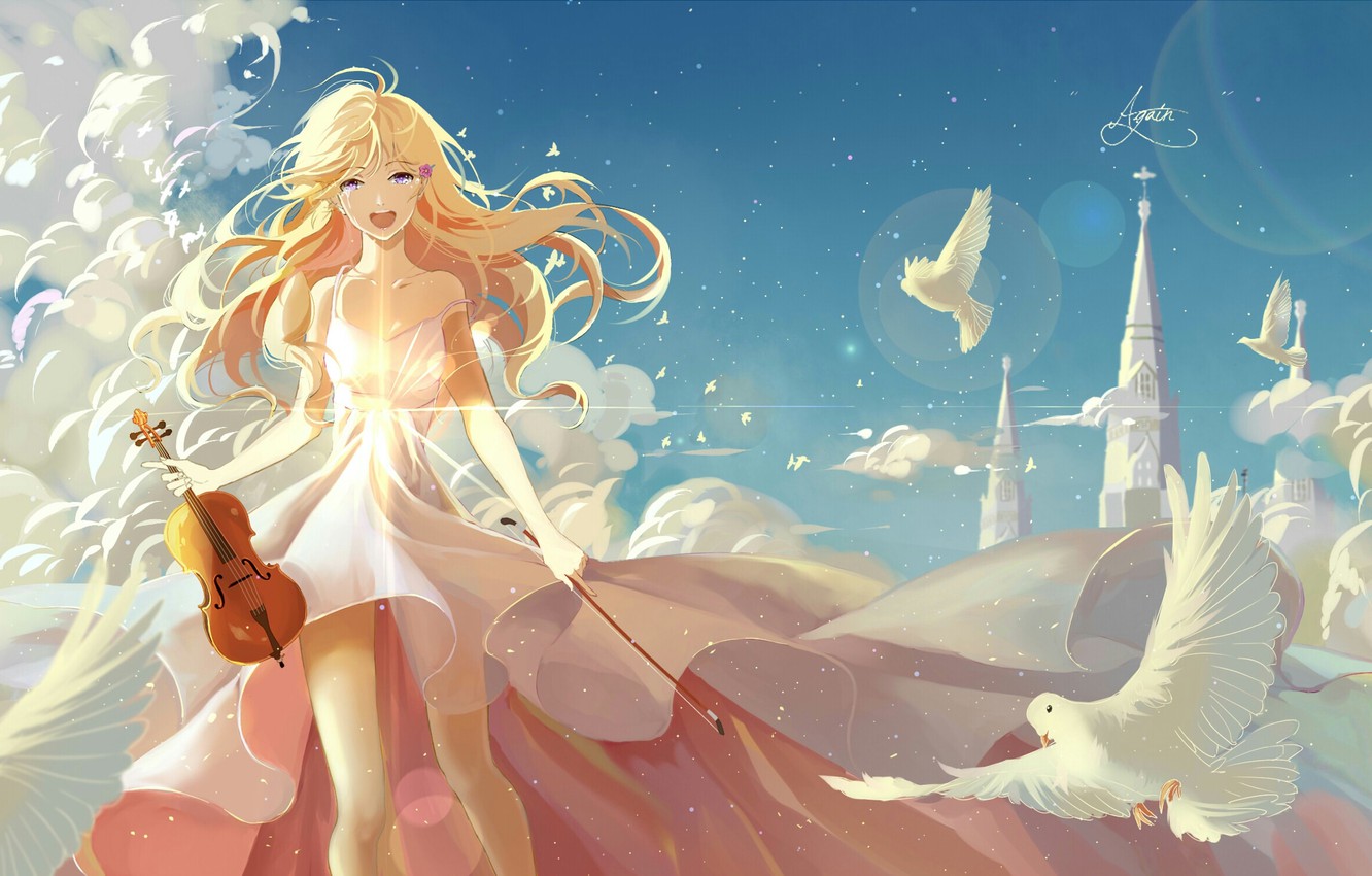 Photo Wallpaper The Sky, Girl, Clouds, Birds, Castle, - Background Your Lie In April Wallpaper Kaori , HD Wallpaper & Backgrounds