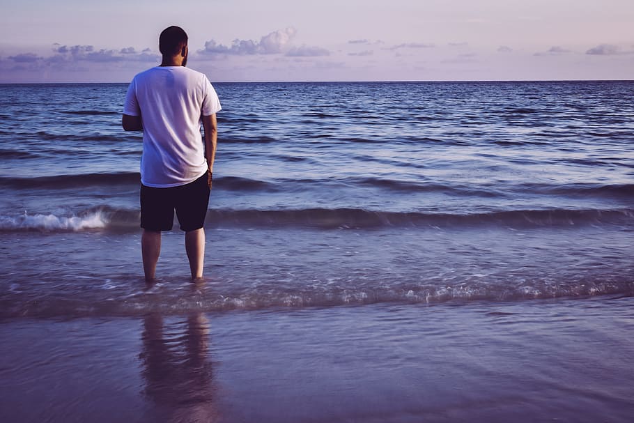 Photo Of Man Standing On Seashore, Back, Back View, - Man Standing Back View , HD Wallpaper & Backgrounds