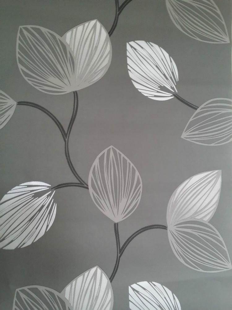 Black Grey Silver Leaf Designer Feature Wall Wallpaper - Design Wallpaper Black And Silver , HD Wallpaper & Backgrounds