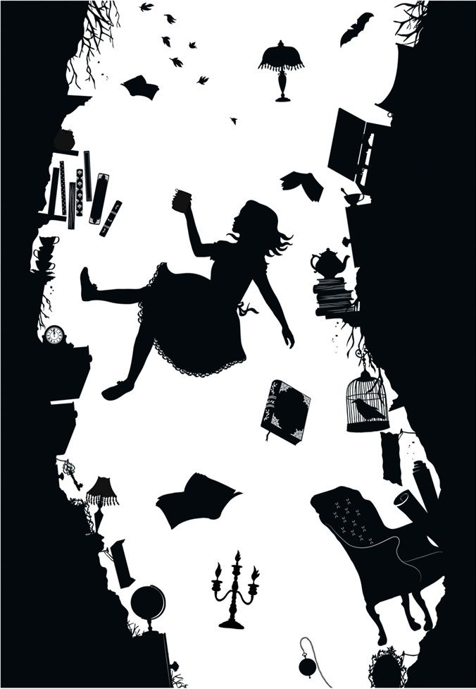Alice In Wonderland Silhouette Wallpaper - Alice Falling Down The Rabbit Hole Drawing , HD Wallpaper & Backgrounds