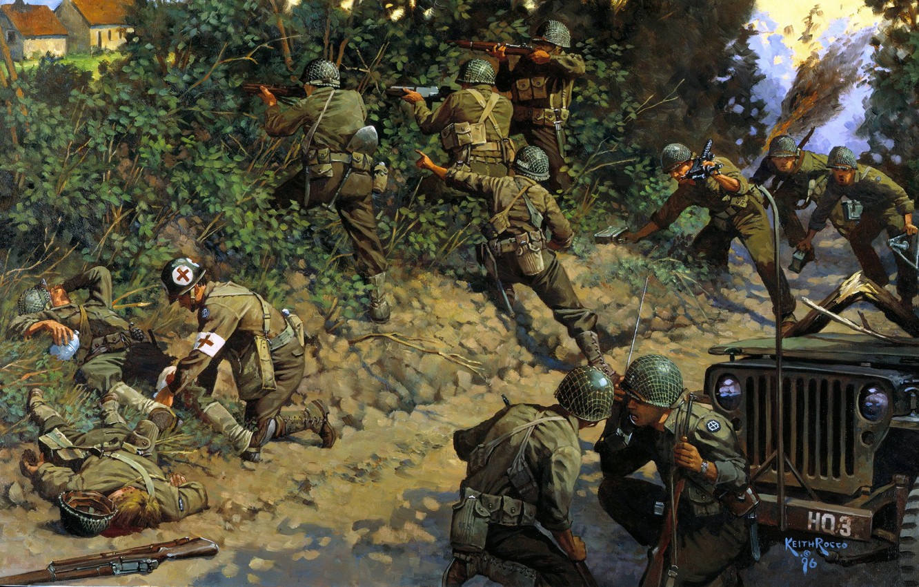 Photo Wallpaper War, Soldiers, Jeep, Art, Ww2 - Painting Of World War 2 , HD Wallpaper & Backgrounds