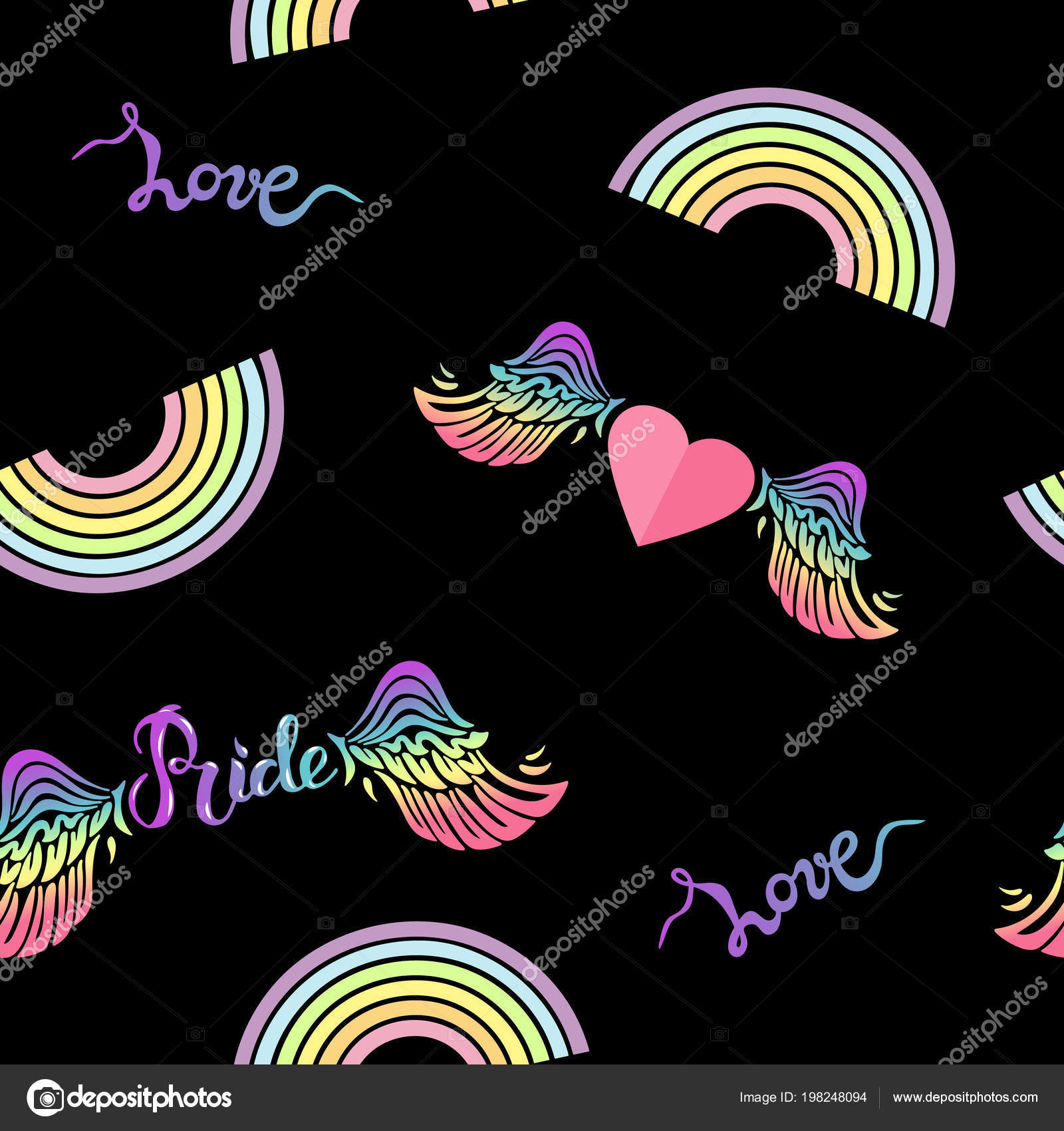 Seamless Pattern Rainbow Wings Heart Hendwritten Pride - Fondos De Pantalla Del Orgullo , HD Wallpaper & Backgrounds