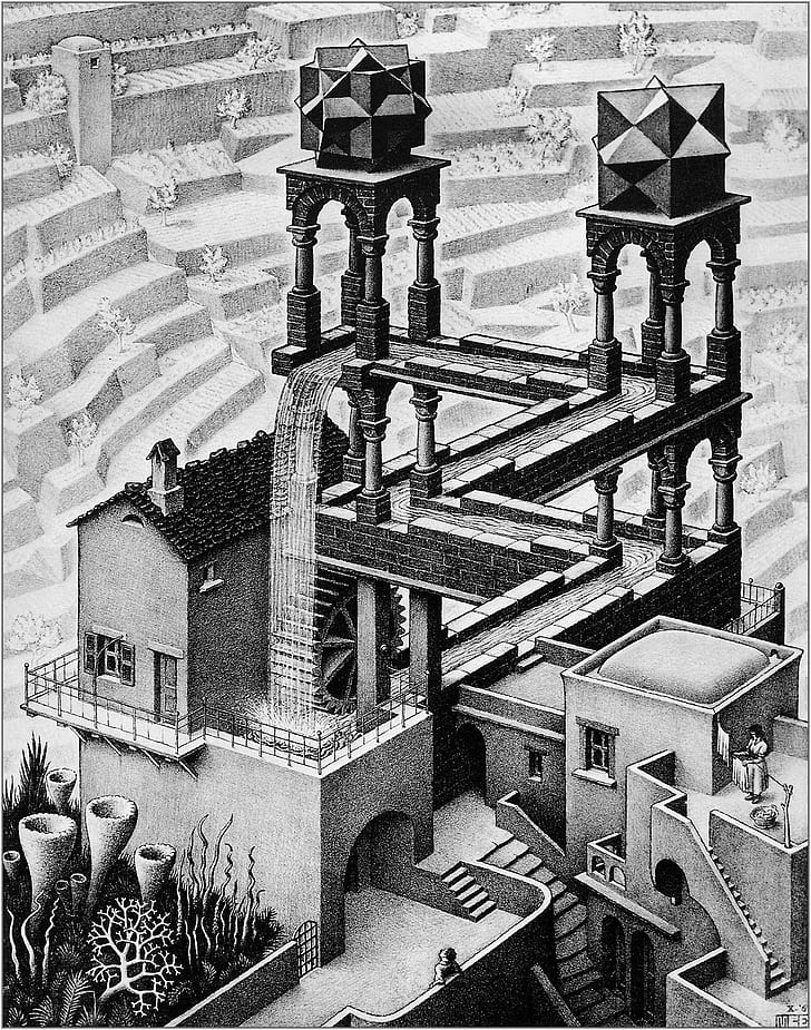 Escher, Optical Illusion, Waterfall, Hd Wallpaper - Mc Escher , HD Wallpaper & Backgrounds