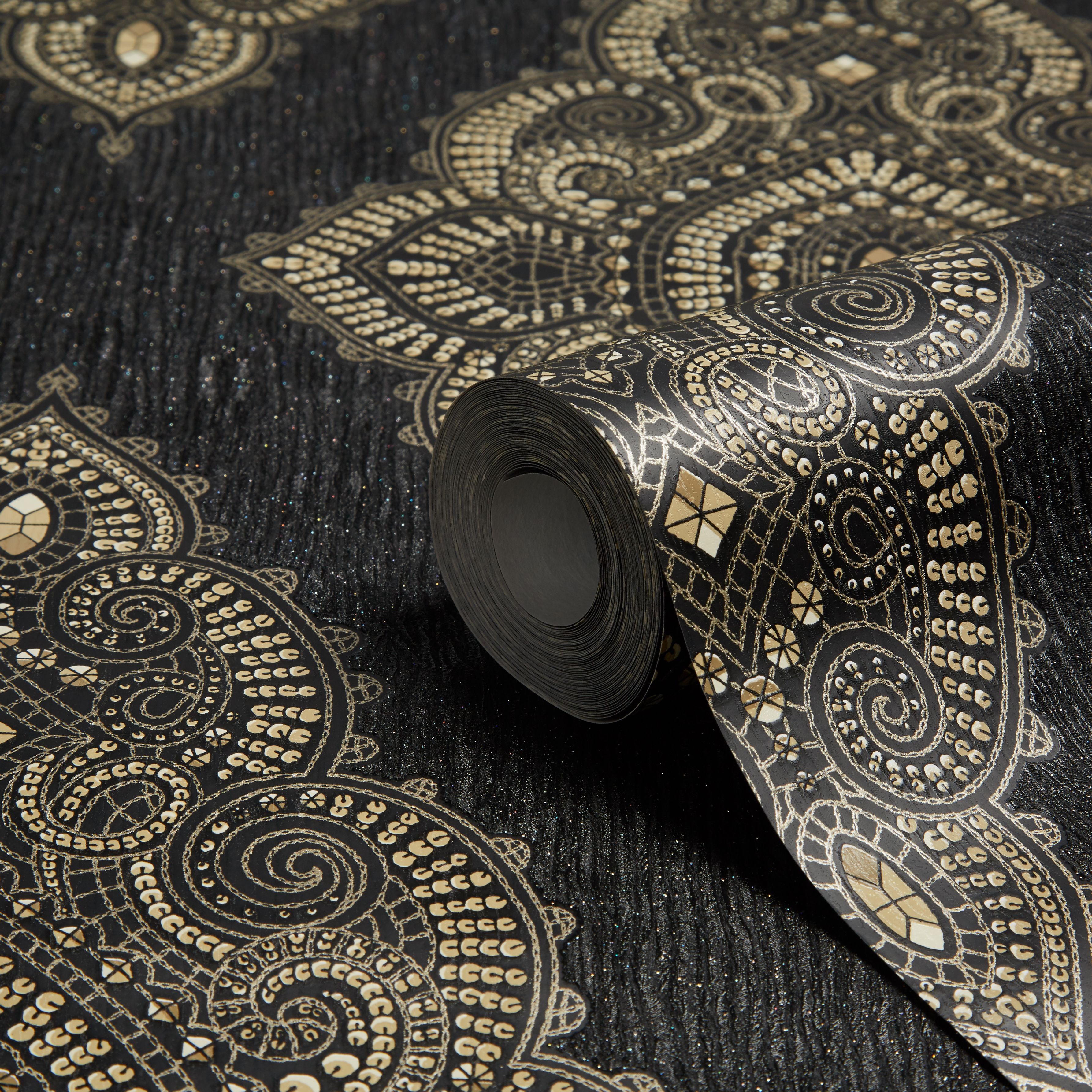 Graham & Brown Julien Macdonald Black Damask Gold Effect - Woven Fabric , HD Wallpaper & Backgrounds