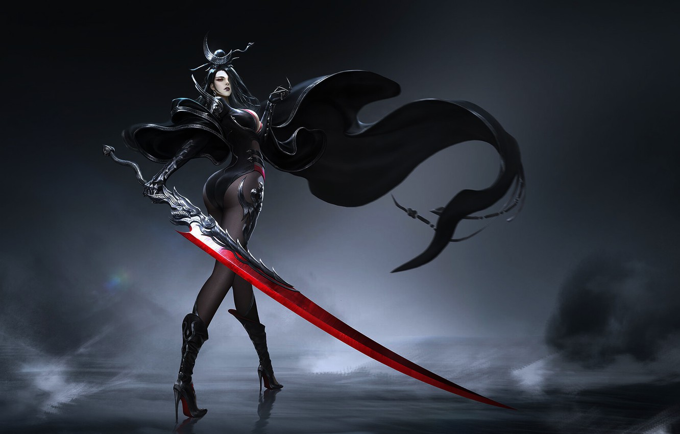 Photo Wallpaper Girl, Minimalism, Style, Girl, Sword, - Fantasy Art Black Hair Girl Art , HD Wallpaper & Backgrounds