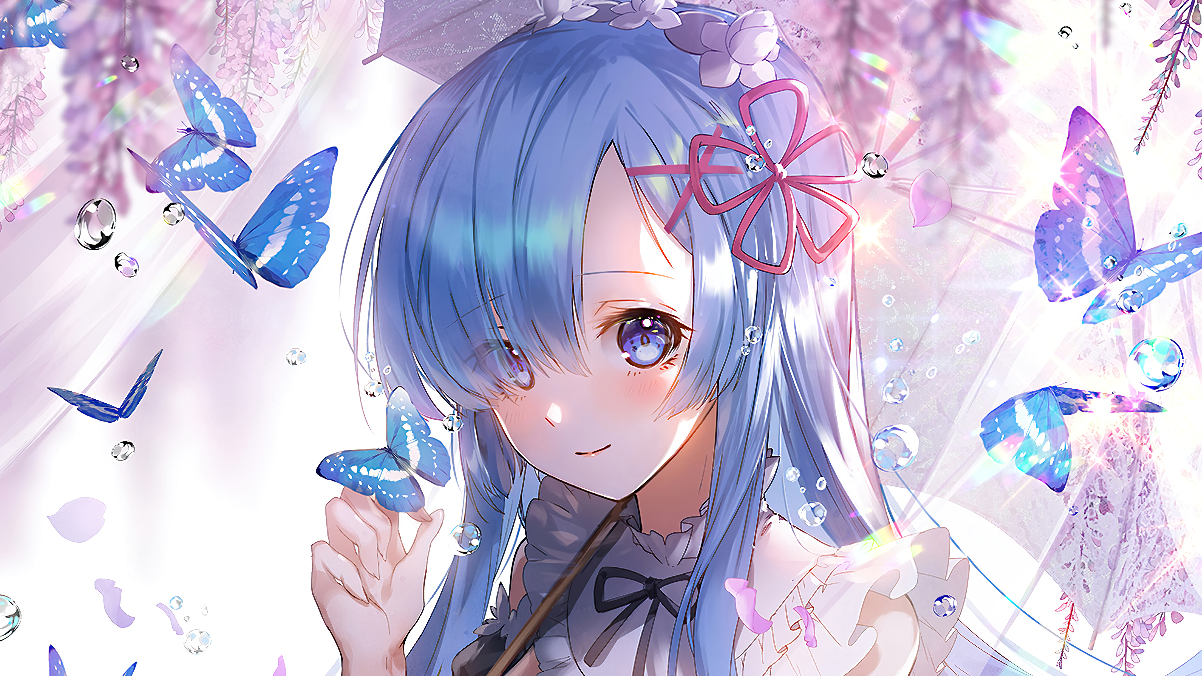 Anime, Girl, Butterfly, Rem, Maid, Long Hair, Re - Rem Long Hair Wallpaper Hd , HD Wallpaper & Backgrounds