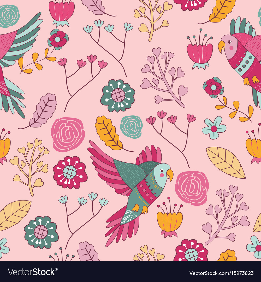 Seamless Pattern Bird Pink Floral Wallpaper Decora - Pink Bird Floral , HD Wallpaper & Backgrounds
