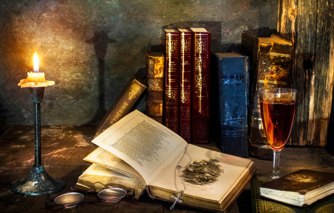 Photo Wallpaper Wine, Books, Candle, Cross, Glass, - Book And Wine , HD Wallpaper & Backgrounds