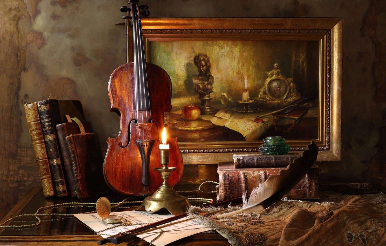 Photo Wallpaper Style, Pen, Violin, Watch, Books, Candle, - Still Life With Violin And Painting , HD Wallpaper & Backgrounds
