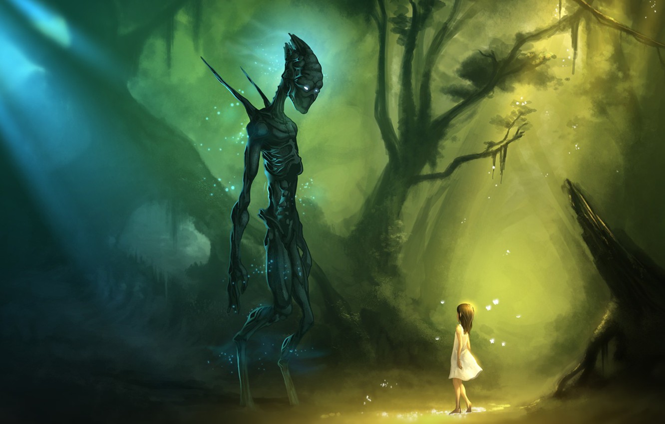 Photo Wallpaper Forest, Trees, Girl, Monster - Girl And Her Monster , HD Wallpaper & Backgrounds