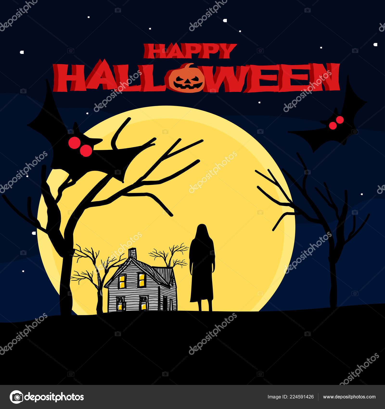 Happy Halloween Greeting Design Haunted Ghost House - Illustration , HD Wallpaper & Backgrounds