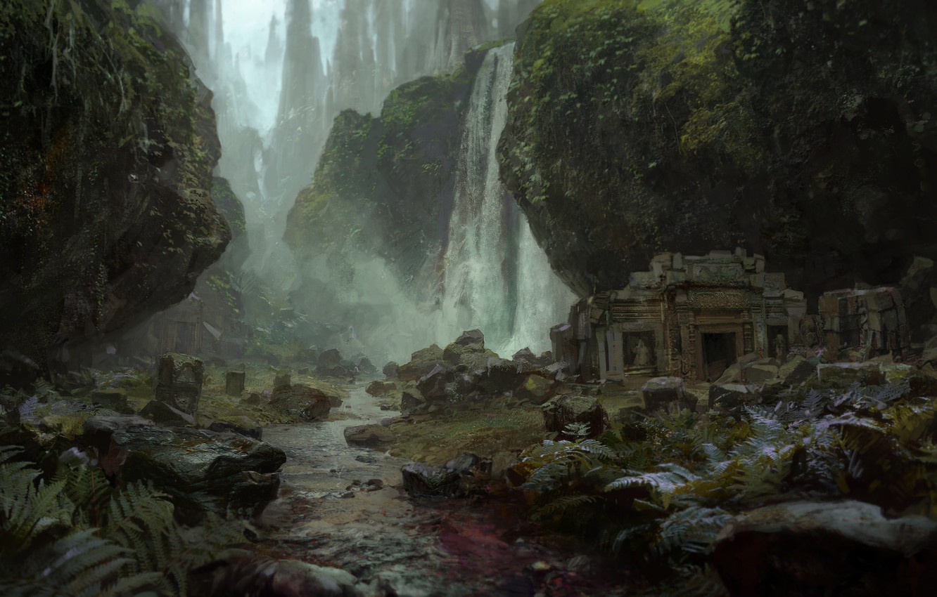 Photo Wallpaper Grass, Fog, Stream, Stones, Waterfall, - Path Of Exile Environments , HD Wallpaper & Backgrounds