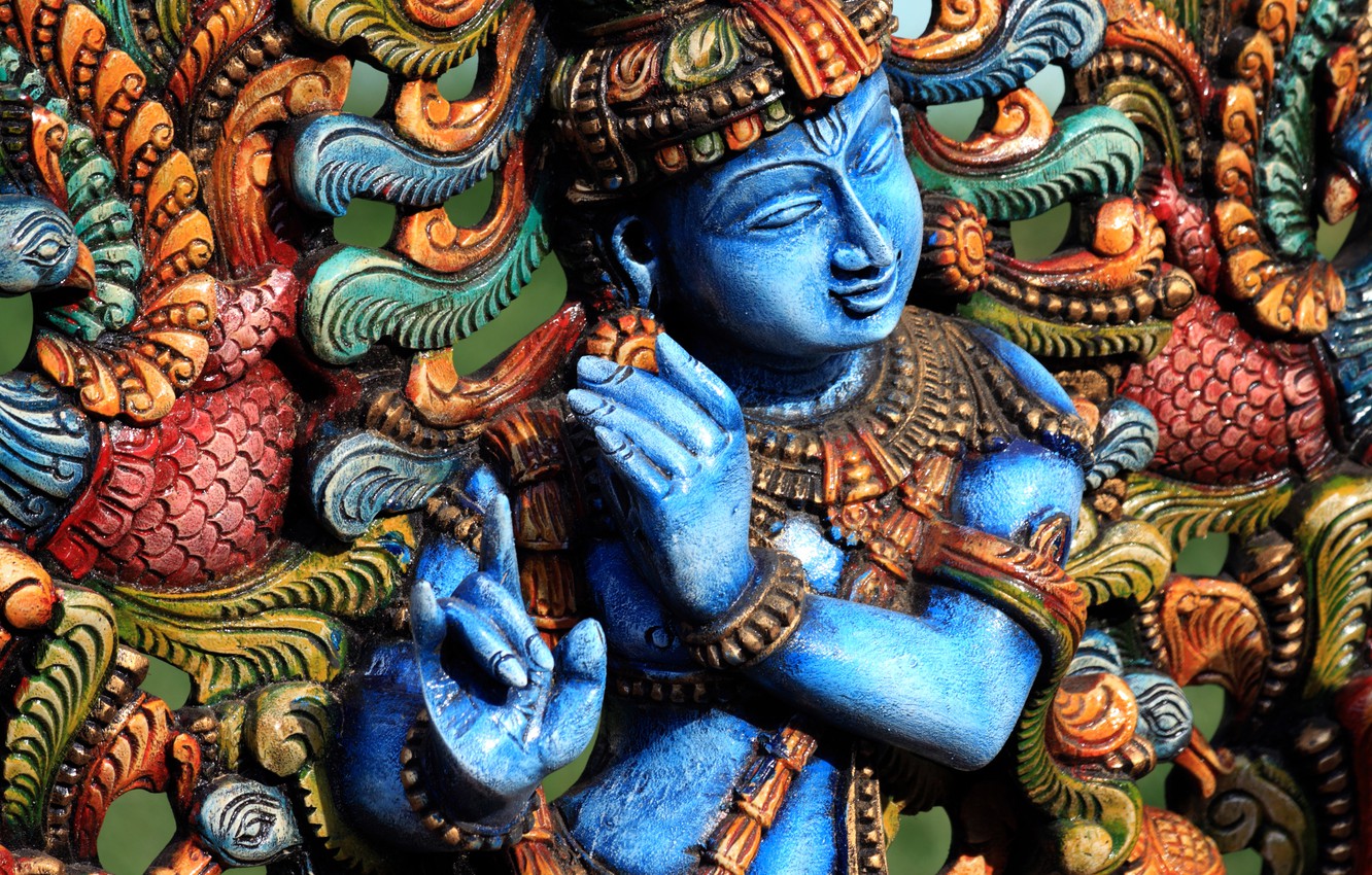 Photo Wallpaper Colors, Wood, Hindu - Statue Lord Krishna Blue , HD Wallpaper & Backgrounds